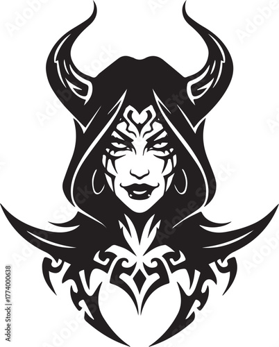 Monochrome depiction of a horned sorceress with tribal tattoo el