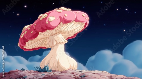 Cute animated mushroom creature sitting by a calm forest river under a red cap