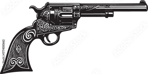 Ornate six-shooter graphic with decorative engraving in a vintag