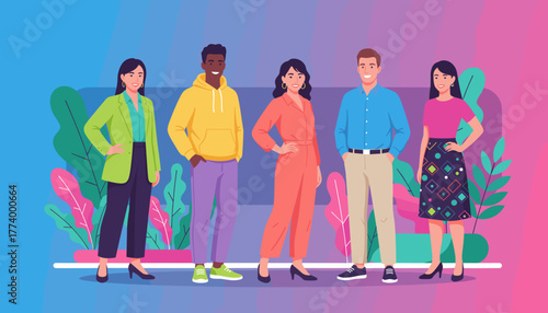 Diverse young professionals smiling confidently Modern team inclusion vibrant graphic illustration