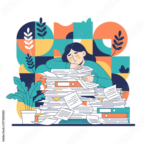 Exhausted woman overwhelmed by a massive pile of paperwork illustrating office stress and burnout