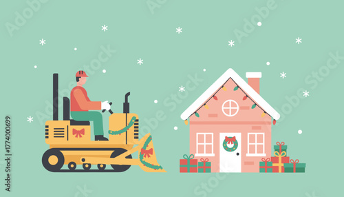 A construction worker on a festive bulldozer beside a decorated Christmas house with presents