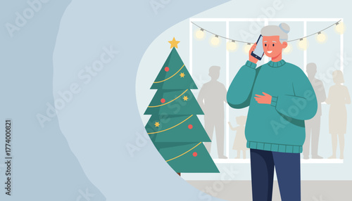 Senior woman talking on phone at a Christmas party Modern flat vector illustration