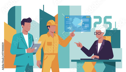 Diverse team collaborating on engineering project using augmented data screen Construction and business