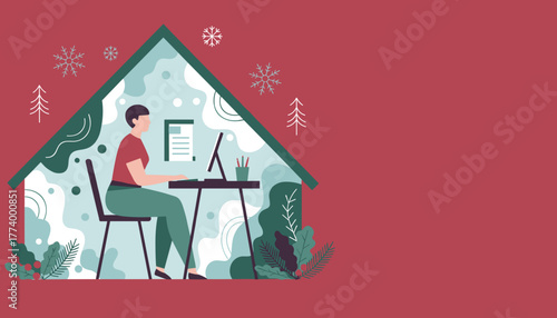 Remote work from home office during winter holidays Digital illustration