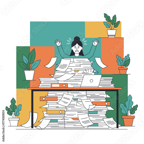 Employee suffering stress and burnout buried under paperwork Deadline pressure and excessive workload