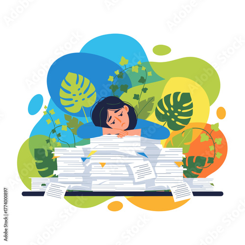 Burnout Exhausted woman overwhelmed by a massive pile of office paperwork and bureaucracy