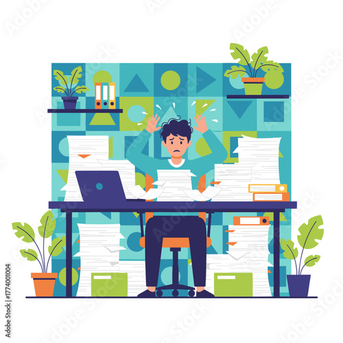Illustration of a stressed man overwhelmed by piles of paperwork and huge workload