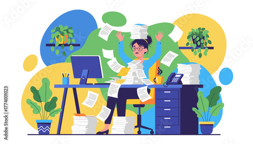 Overwhelmed office worker buried in paperwork Too much work causes stress and burnout