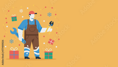 Flat vector illustration of a technician with tools surrounded by Christmas presents