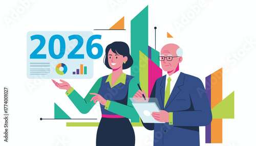 Professionals planning for 2026 analyzing charts and future growth goals