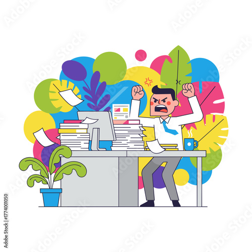 Businessman stressed overwhelmed by massive paperwork stack Work overload and anger