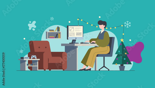 Remote worker staying productive in a cozy festive home office during the winter holidays