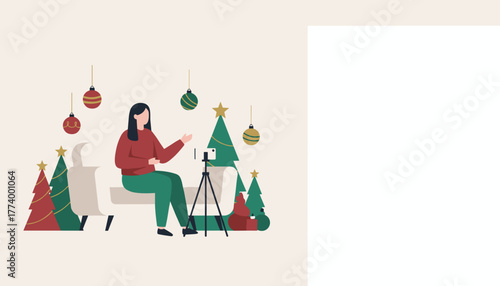 Festive vlogger records a holiday video using a smartphone surrounded by Christmas decor