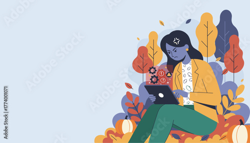Frustrated woman dealing with technical errors on a tablet outdoors in autumn leaves Business failure concept