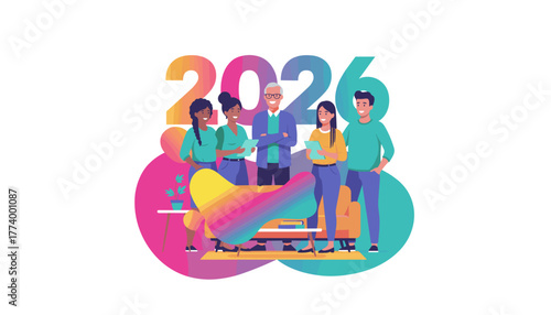 Diverse business team celebrating 2026 success planning goals in a vibrant office setting