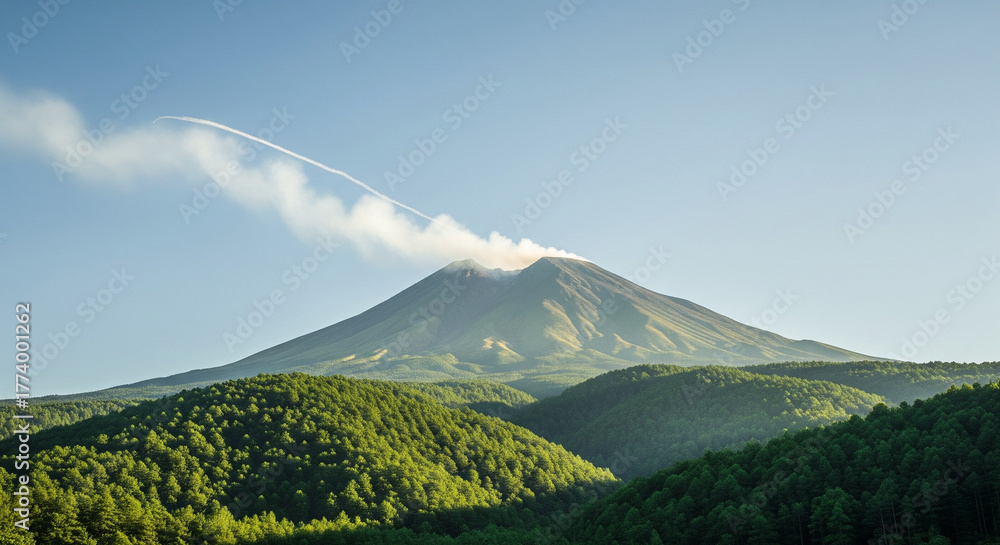 Fototapeta premium mountains with green trees and bright clouds