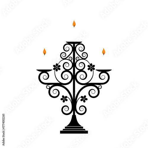 Elegant black candle holder with ornate design and flickering flames  
