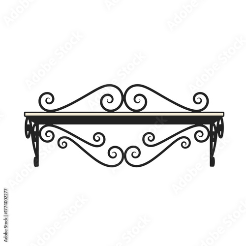 Decorative black iron shelf with intricate curly designs  