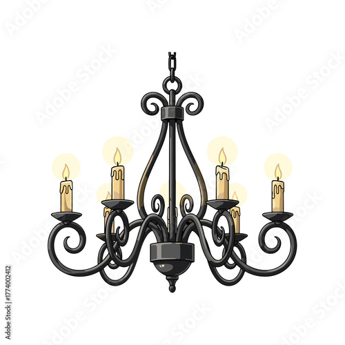 Classic black chandelier with six candle holders and warm light  