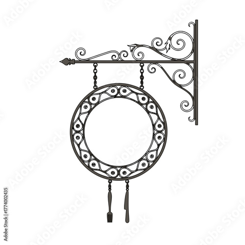 Ornate decorative sign with intricate ironwork design hanging  