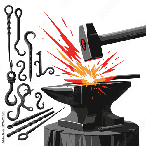 Hammer striking an anvil with sparks and tools in background  