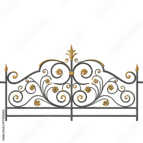 Ornate wrought iron garden fence with floral design and gold accents  