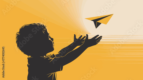 A silhouette of a boy reaching for a paper airplane against a bright yellow and white background