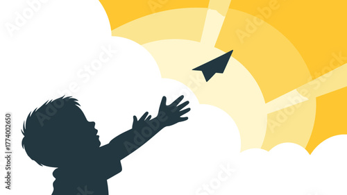 A silhouette of a child reaching for a paper airplane against a bright yellow and white sky backdrop
