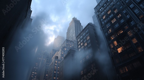 Urban foggy skyline enigmatic city architecture new york photo evening atmosphere low angle view mystery and serenity in urban life