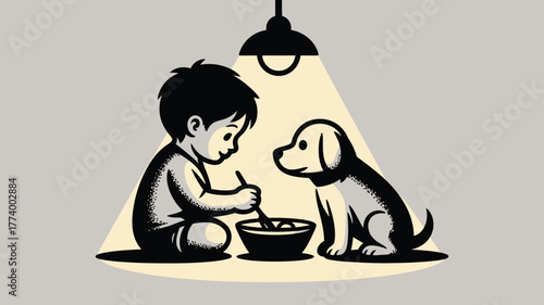 A boy stirring food in a bowl under a lamp with a dog sitting next to him in black and white art