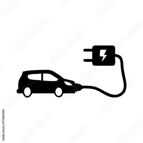 Electric car charging with a plug and lightning bolt symbol in a minimalist black and white design style