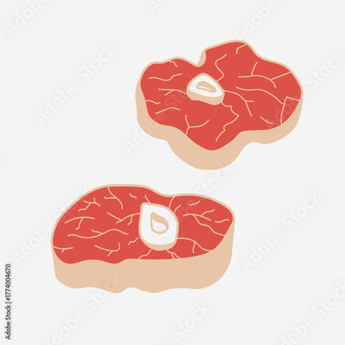 Meat with bone vector. Illustration with Osso Buco on isolated background. Hand drawn Italian beef shank Ossobuco, semi finished. Food, butchery product. Design for menu, sign, card, label
