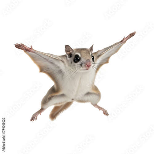 A flying squirrel with outstretched arms and legs against a black background in a studio shot pose