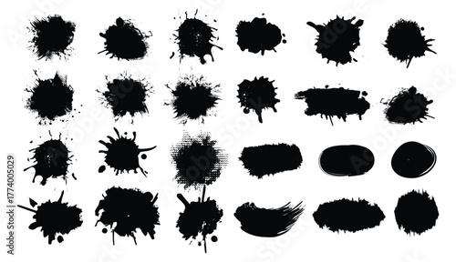 set of black ink blots for quotes and headlines, A collection of black ink splatters and brush strokes on a white background in various shapes and sizes