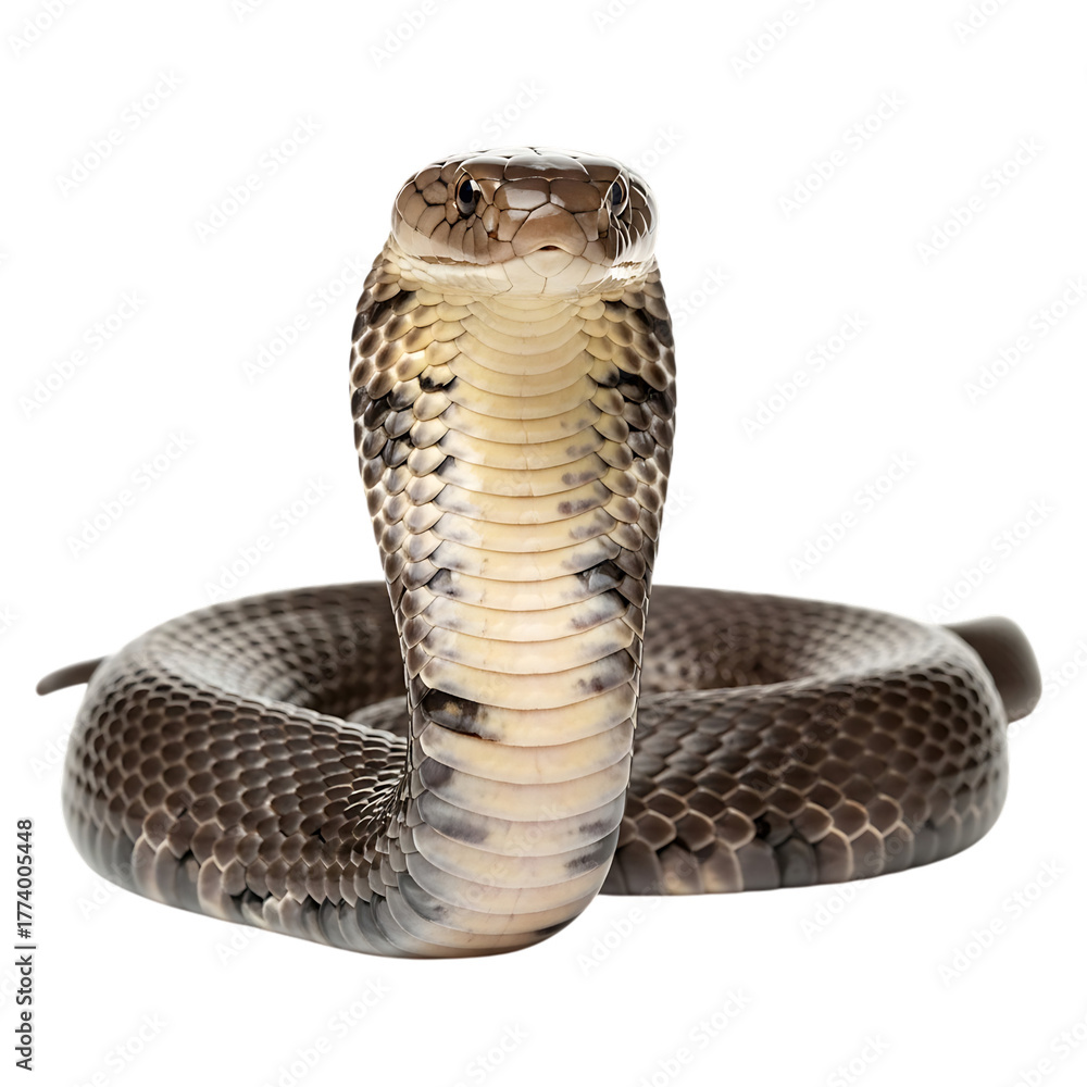 Fototapeta premium A cobra snake with its hood expanded and body coiled up, isolated on a black background, looking forward