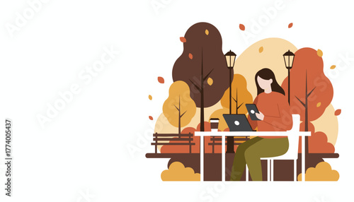 Woman working remotely on tablet and laptop in a peaceful autumn park Digital nomad lifestyle illustration
