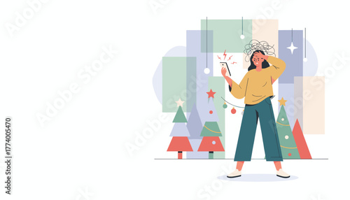 Holiday stress concept Frustrated woman looking at smartphone amid festive decorations