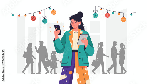 Angry woman juggling smartphone and tablet in a busy crowded city environment during the holidays