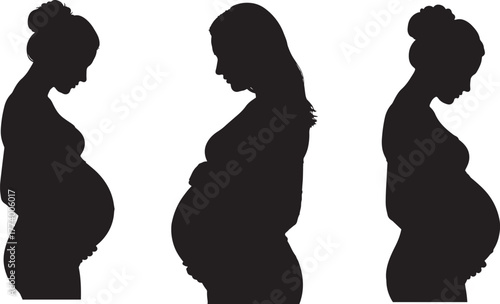 Three pregnant women in profile showing different stages of pregnancy silhouette isolated on transparent background