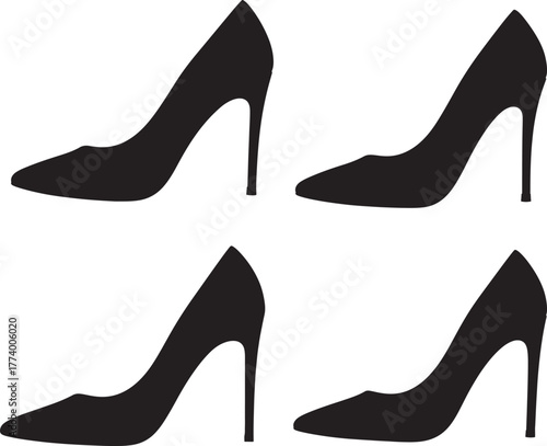 Four elegant black high heel shoe silhouettes isolated on transparent background