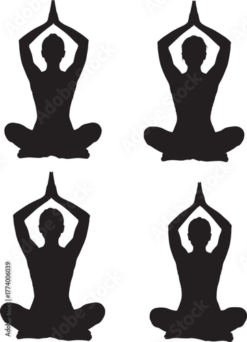 Four black silhouette figures in a yoga meditation pose isolated on transparent background