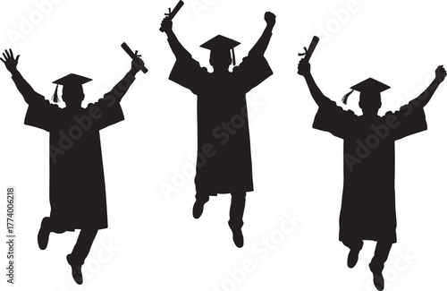 Three jubilant graduates in caps and gowns jumping with diplomas in the air silhouette isolated on transparent background