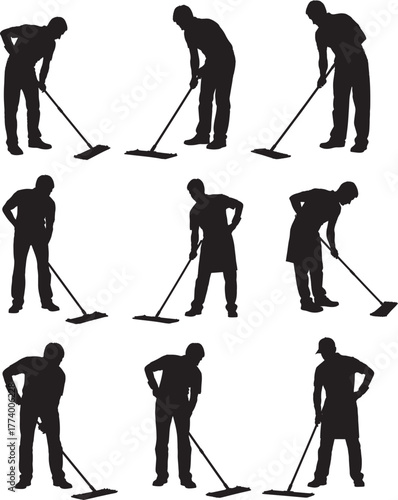 Collection of nine black silhouettes of people mopping the floor in various poses isolated on transparent background silhouette