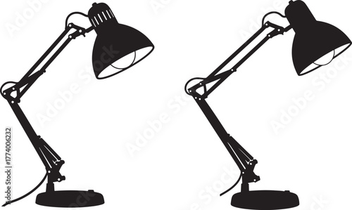 Two black silhouette desk lamps with adjustable arms isolated on transparent background