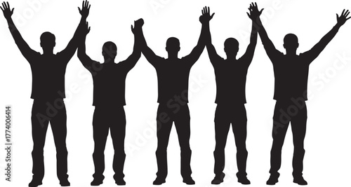 Five diverse people standing together with arms raised in celebration silhouette isolated on transparent background