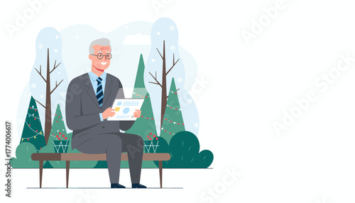 Smiling senior businessman reviewing a business report on a bench in a festive winter park