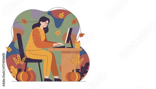Frustrated woman working on computer in an autumn home office Seasonal burnout and stress
