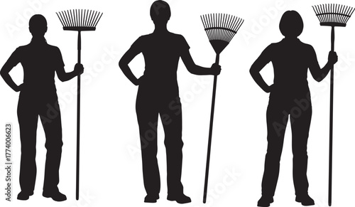 Three diverse silhouettes of people holding brooms symbolizing cleaning and janitorial services isolated on transparent background silhouette