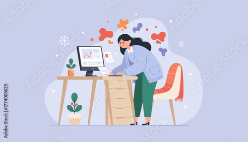 Frustrated woman dealing with work stress data and winter deadlines at her office desk